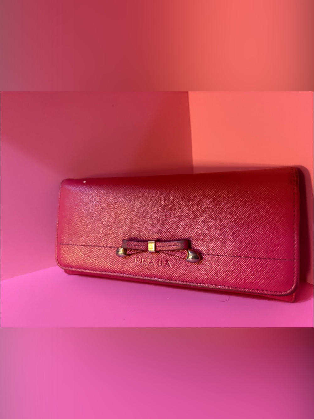 Prada Hot Pink Saffiano Leather Bow Clutch Wallet